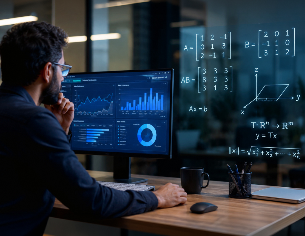 Profesional analizando datos en un computador con visualizaciones, matrices y ecuaciones de álgebra lineal aplicada para la analítica de datos.