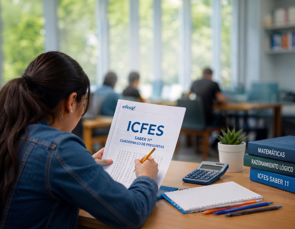 Estudiante resolviendo un cuestionario en un salón de clases durante su preparación para las Pruebas Saber 11 (ICFES).