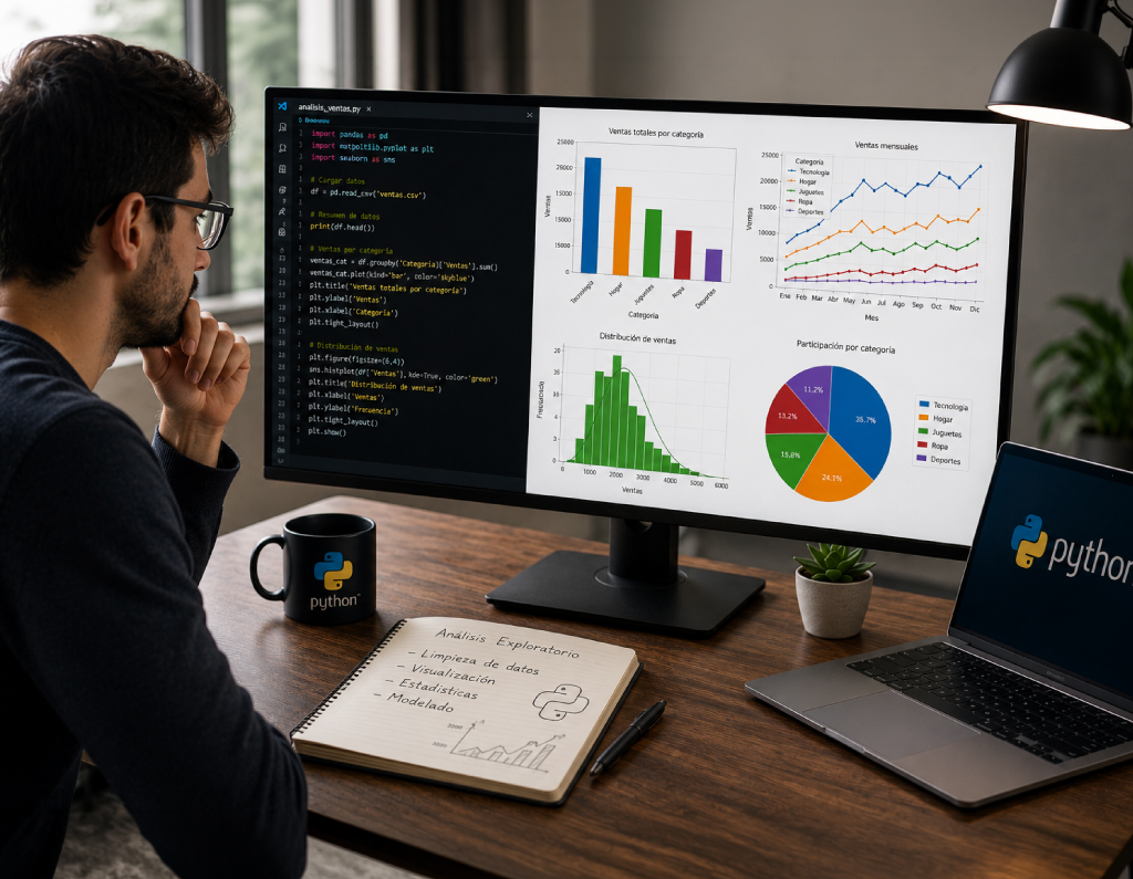Persona analizando gráficos y visualizaciones de datos con Python