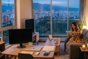 Desconexión laboral en Colombia en el teletrabajo: profesional que finaliza su jornada y disfruta de un momento de descanso en casa.