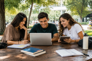 n grupo de tres estudiantes colaborando en un proyecto académico al aire libre en el campus, utilizando una computadora portátil, una tableta y cuadernos. Mejores promedios académicos UCN 2026-1