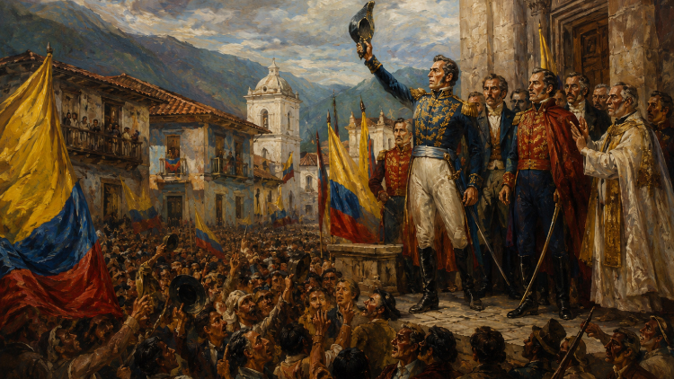 Pintura al óleo de la Independencia de Colombia con próceres, banderas patriotas y una multitud reunida en una plaza colonial durante la gesta independentista del 20 de julio de 1810.