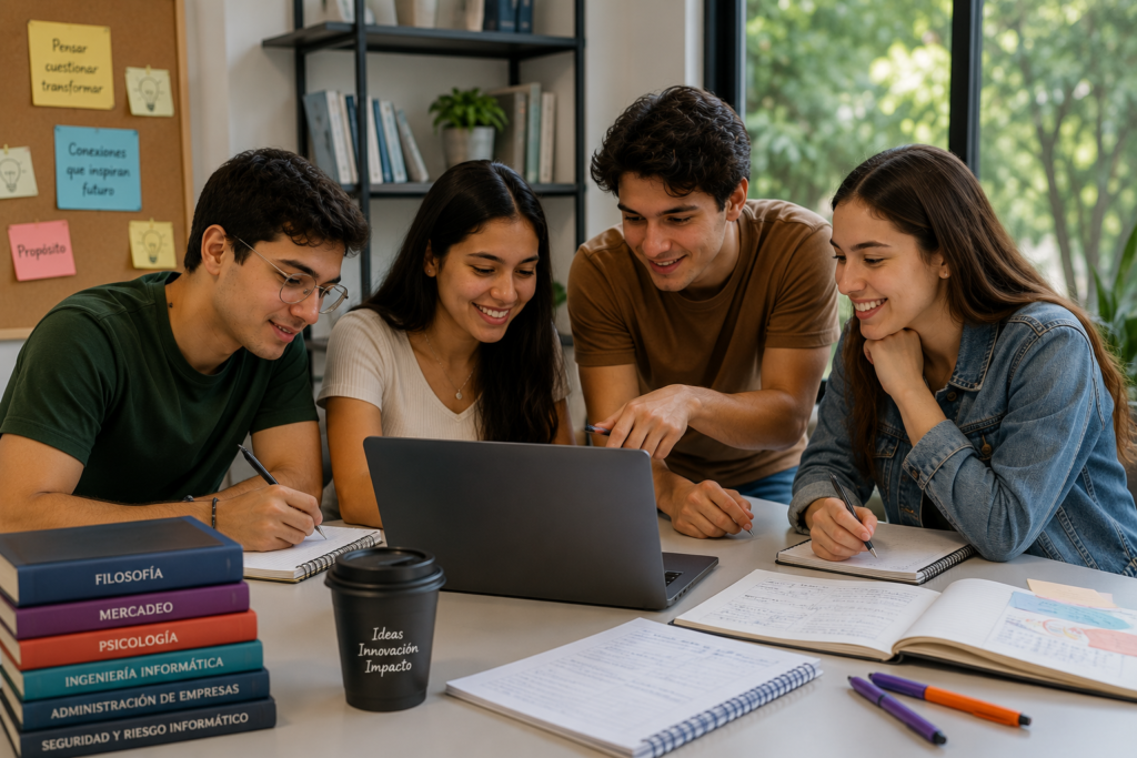 Grupo de estudiantes universitarios trabajando en equipo en una investigación académica con computadores y cuadernos durante una jornada colaborativa.