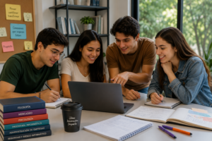 Grupo de estudiantes universitarios trabajando en equipo en una investigación académica con computadores y cuadernos durante una jornada colaborativa.
