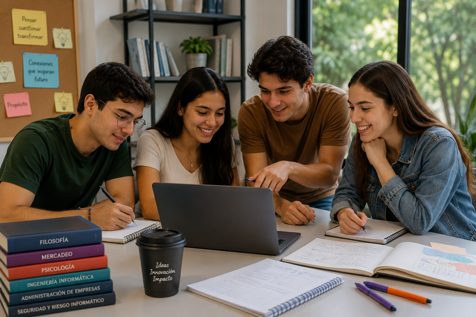 Grupo de estudiantes universitarios trabajando en equipo en una investigación académica con computadores y cuadernos durante una jornada colaborativa.
