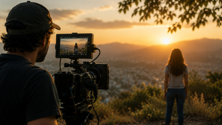 Realizador audiovisual grabando una escena con una cámara profesional durante un rodaje al aire libre al atardecer, imagen representativa del Día del Realizador Audiovisual.