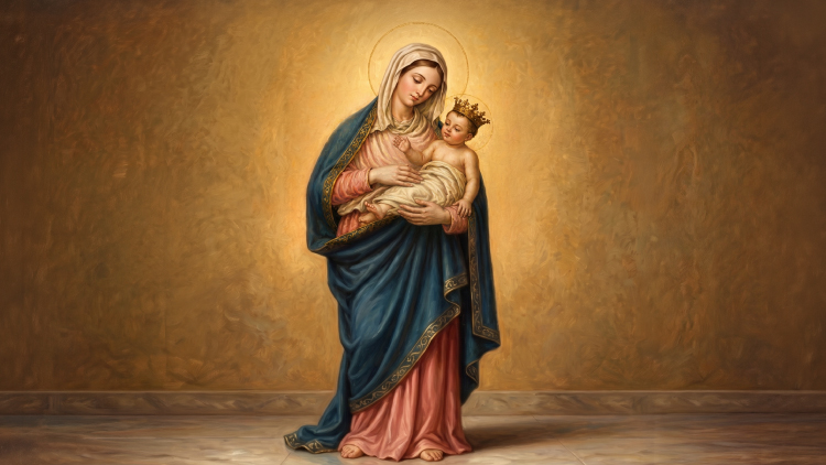 Pintura al óleo de estilo clásico de la Virgen de Chiquinquirá