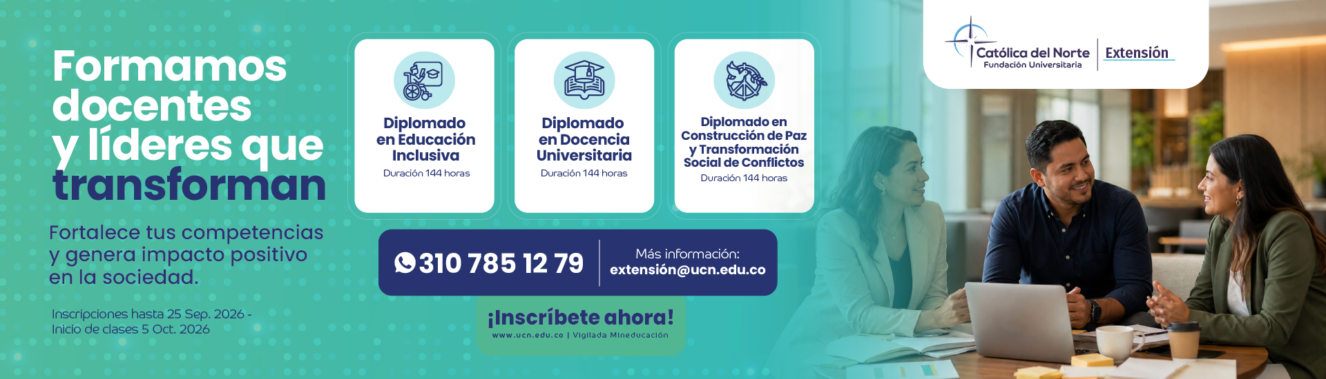 Banner portal_FECS Diplomados virtuales para docentes y líderes de la Fundación Universitaria Católica del Norte en Educación Inclusiva, Docencia Universitaria y Construcción de Paz.