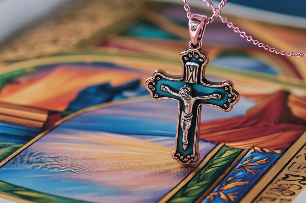 Cadena con un Cristo sobre un fondo de colores.