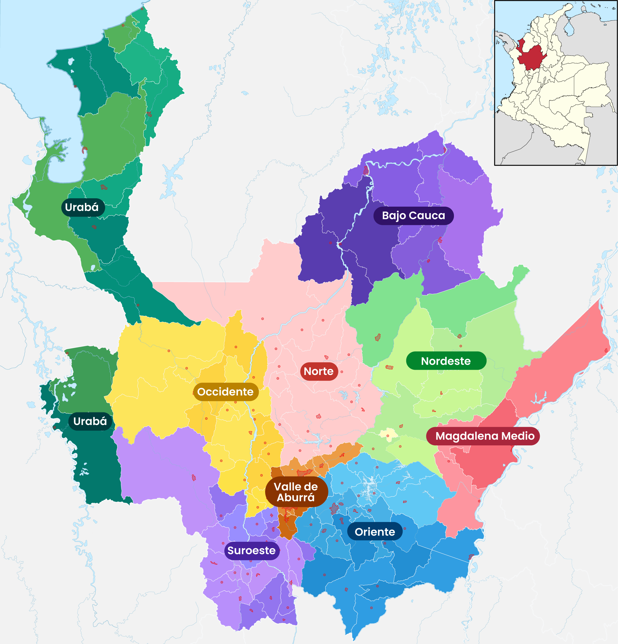 Mapa de Antioquia con presencia de la Católica del Norte