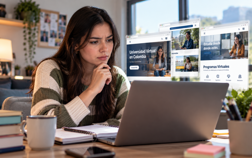 Una joven decidiendo por cual universidad virtual en Colombia estudiar.