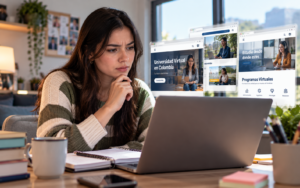 Una joven decidiendo por cual universidad virtual en Colombia estudiar.