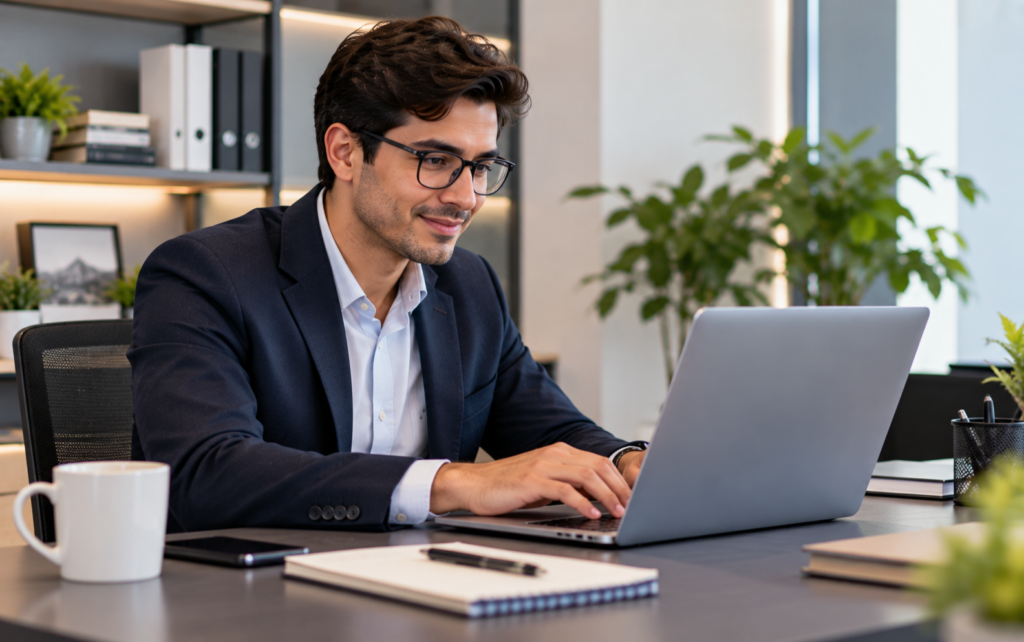 Joven trabajador vestido de forma elegante frente al computador