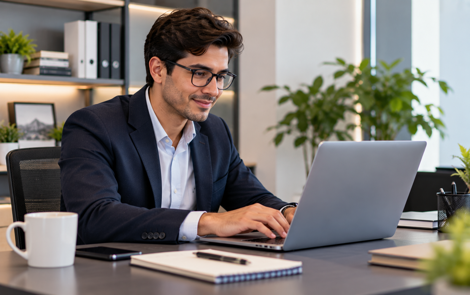 Joven trabajador vestido de forma elegante frente al computador