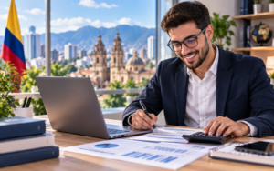 Contador pública en una oficina, sentado frente a un computador; en el fondo la ciudad de Bogotá y la bandera de Colombia.
