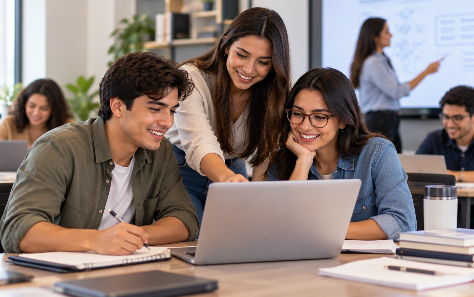 Tres jóvenes frente a un computador o dando clases