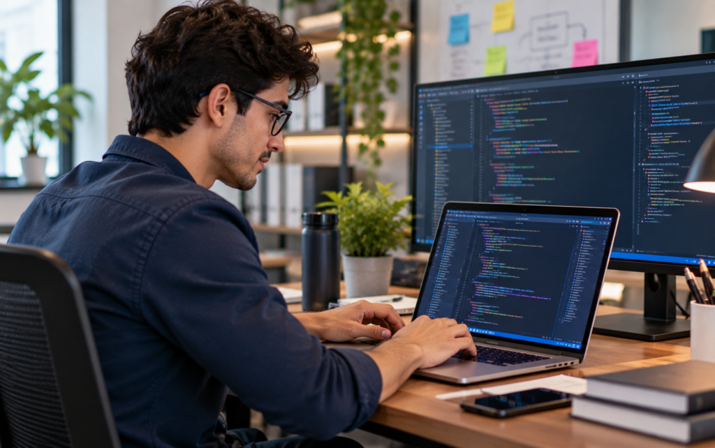 Joven frente a un computador escribiendo código en lenguaje de programación.