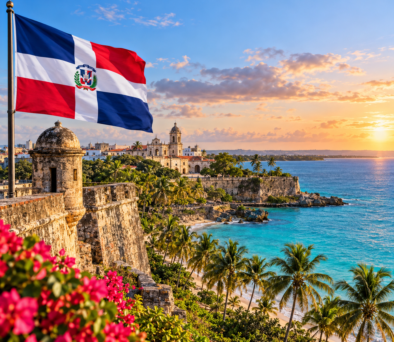 UCN sin fronteras: República Dominicana 1 Fundación Universitaria Católica del Norte Fuerte histórico al borde del mar con la bandera de República Dominicana.