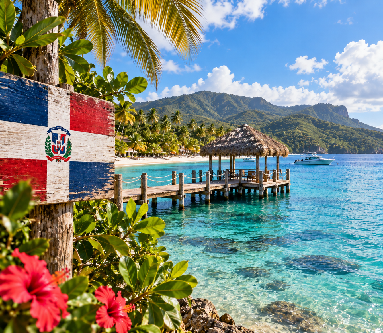UCN sin fronteras: República Dominicana 2 Fundación Universitaria Católica del Norte Playa con muelle y bandera de la República Dominicana.