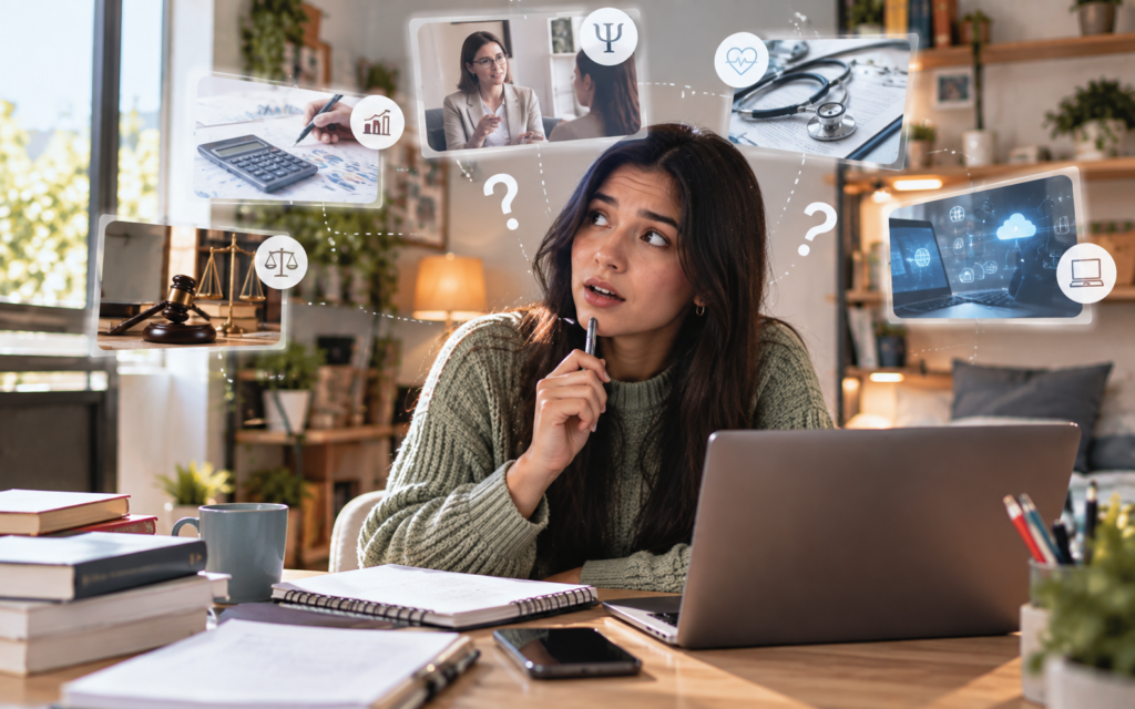 Una joven, sentada frente a un computador portátil, se ve indecisa sobre qué estudiar en modalidad virtual.