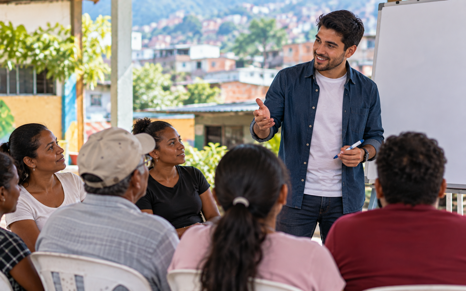 Joven dando capacitaciones en una comunidad vulnerable