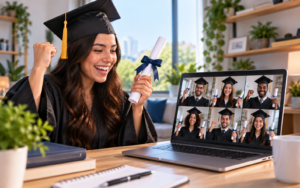 Proceso de Graduación 1 Fundación Universitaria Católica del Norte Estudiante con virrete y un diploma en la mano celebra graduación con otros estudiantes que se celebran en la pantalla de un computador.