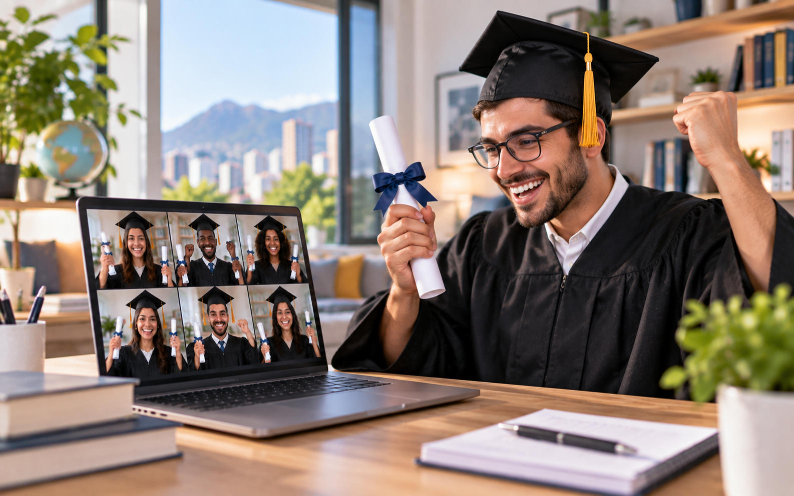 Estudiante con virrete y un diploma en la mano celebra graduación con otros estudiantes que se celebran en la pantalla de un computador.