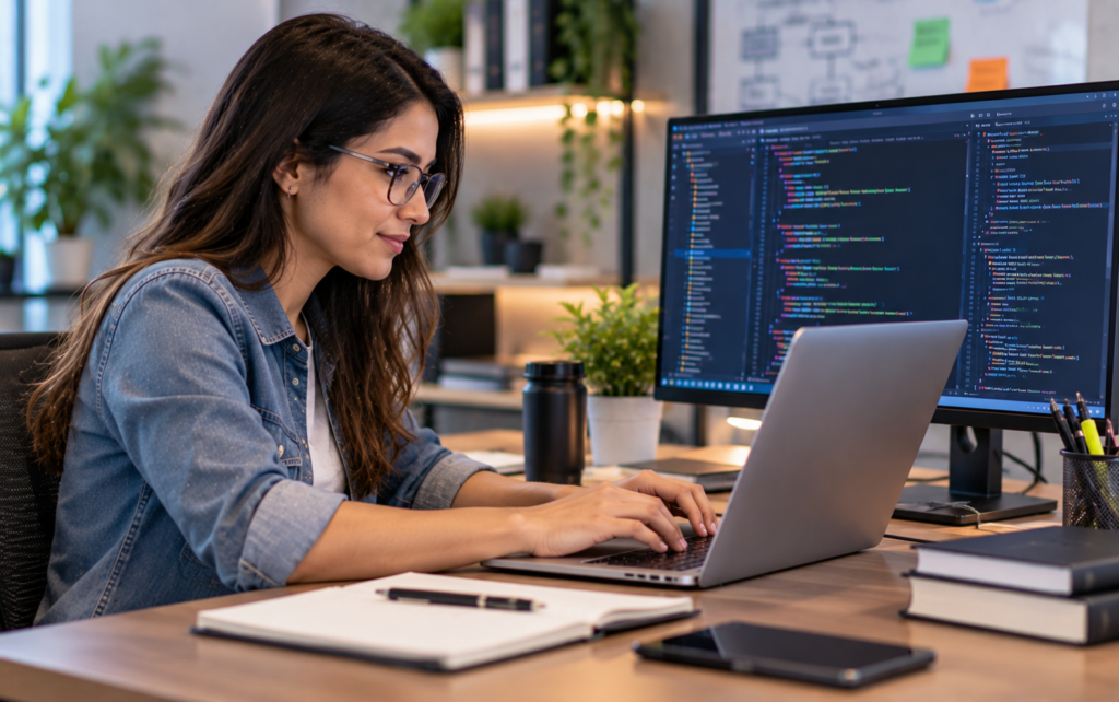 Una joven frente a un computador escribiendo código en lenguaje de programación.