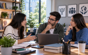 Tres profesionales sosteniendo una conversación colaborativa en estudio sobre psicología, trabajo social y sociología.