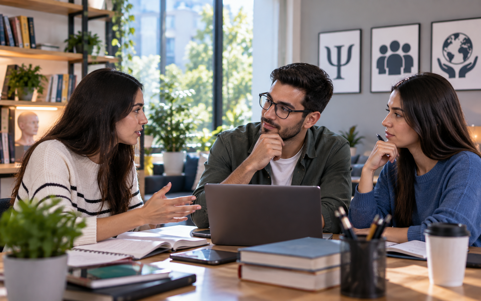 Tres profesionales sosteniendo una conversación colaborativa en estudio sobre psicología, trabajo social y sociología.