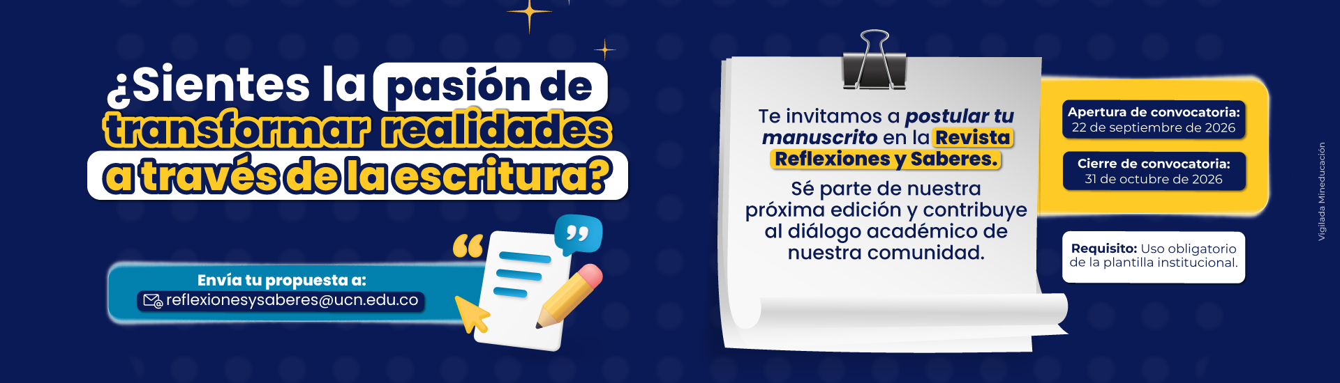 Banner-Reflexiones-y-saberes Banner de invitación a postular tu manuscrito en la Revista Reflexiones y Saberes, indicando fechas de convocatoria del 22 de septiembre al 31 de octubre de 2026.