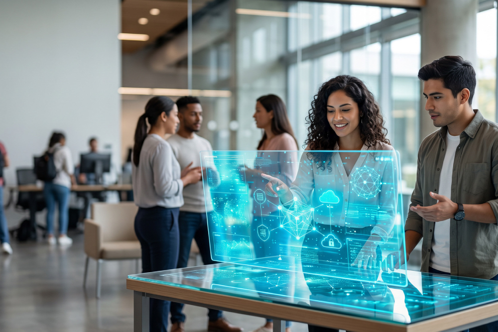 Profesionales interactuando con tecnologías digitales, inteligencia artificial y soluciones innovadoras en un entorno empresarial.