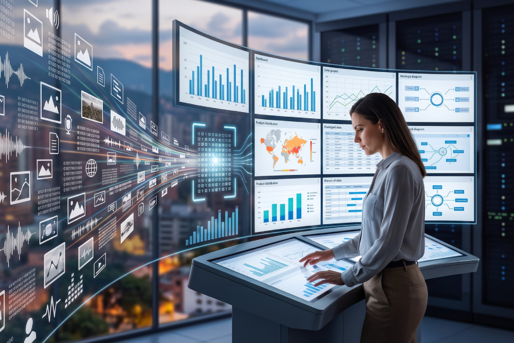 Mujer analizando datos y gráficos digitales en una sala de visualización tecnológica.